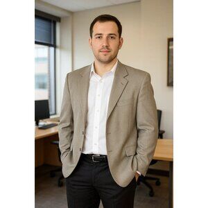 Claiborne Mens Wool Silk Sport Coat Blazer Tan Brown Weave Single Breast Sz 44R